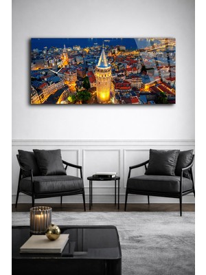 Olinpa Kırılmaz Cam Duvar Saati , Hem Tablo Hem Saat Galata Kulesi Istanbul Gece Manzarası Tasarım Ev Ofis Hediyesi