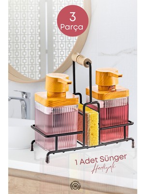 Feyza Design Metal Standlı Şeffaf Ahşap Detaylı Banyo Seti, Sünger Hediyeli