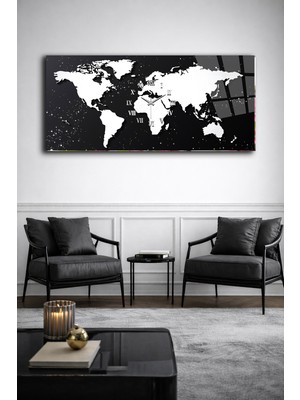 Olinpa Kırılmaz Cam Duvar Saati , Hem Tablo Hem Saat Dünya Haritası Siyah Beyaz Tasarım Ev Ofis Hediyesi