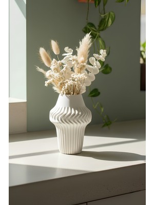 Feyza Design Modern Dalgalı Dokulu Dekoratif Vazo, 15 Cm, Beyaz, Salon ve Ofis Aksesuarı