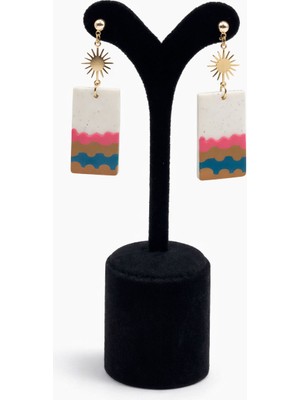 Pangu Fimo Obje ve Lak Altın Kaplama Güneş Detaylı Sallantılı Bijuteri Küpe