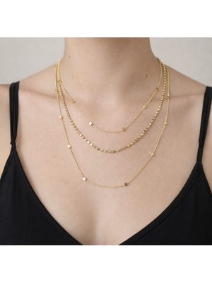 Tuel Çelik Gold Katmanlı Kolye Boncuk ve Küp Detaylı Çoklu Zincir Kadın Trend Kolye