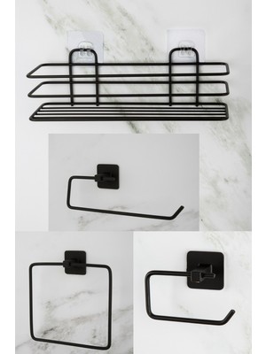 Feyza Design Siyah Kare Banyo Seti: Duş Rafı, Havluluk, Tuvalet Kağıtlığı, Peçetelik