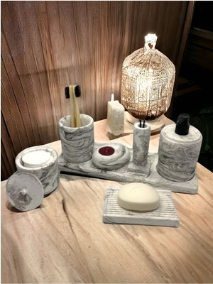 Feyza Design 7'li Mermer Tasarımlı Banyo ve Aksesuar Takımı