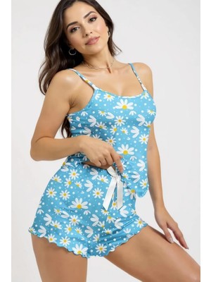  papatya desenli mavi askılı şortlu pijama takımı