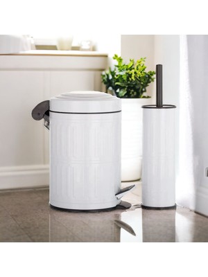 Feyza Design Beyaz Metal Pedallı Çöp Kovası ve Fırça Seti, Banyo ve Wc Için