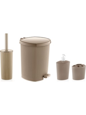 Feyza Design Çizgili Plastik 4 Parça Banyo Seti Iç Kovalı Kum Beji