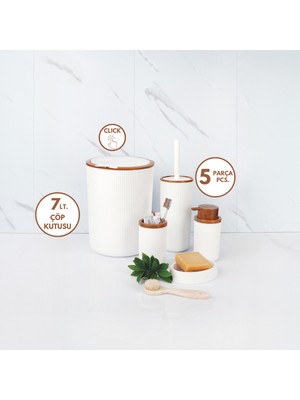 Feyza Design Şık Ahşap Görünümlü 5 Parça Beyaz Banyo Seti, Kostas Serisi