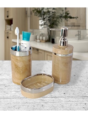 Feyza Design Akrilik Yuvarlak 3 Parça Mermer Desenli Banyo Seti Krem-Gümüş
