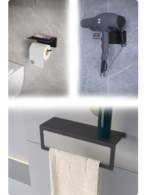 Feyza Design Metal 3'lü Set: Tuvalet Kağıtlık, Havlu Askısı, Fön Tutucu, Şık ve Dayanıklı