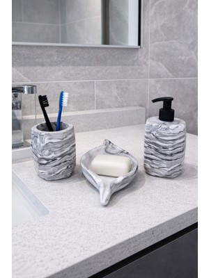 Feyza Design Şık Geometrik Mermer Desenli 3 Parça Banyo Seti, Diş Fırçalık ve Sabunluk