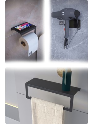 Feyza Design Metal 3'lü Set: Tuvalet Kağıtlık, Havlu Askısı ve Fön Tutucu