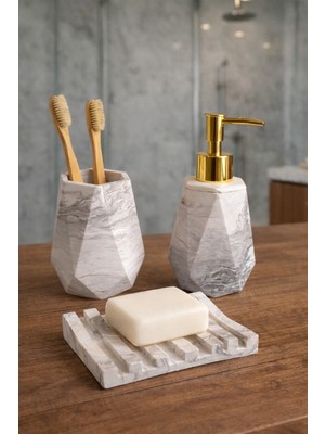 Feyza Design Mermer Desenli Beton Banyo Seti, Dekoratif Aksesuarlar, Sabunluk, Diş Fırçalık