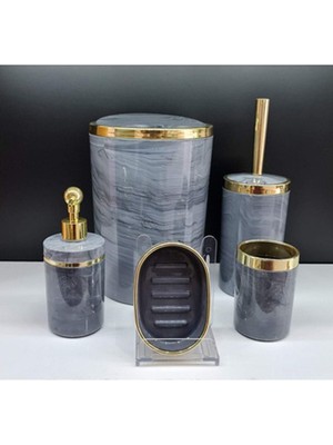 Feyza Design 5 Parça Akrilik Yuvarlak Banyo Seti Antrasit Gri Mermer Gold Kromaj