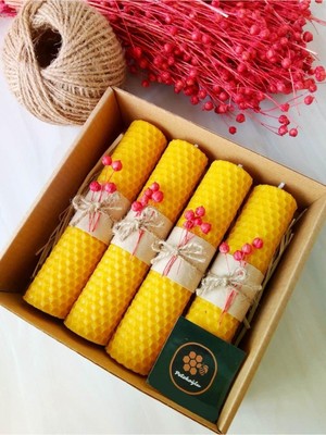 Feyza Design 4'lü Doğal Petek Balmumu Mum Seti, Bal Mumu, Arı Mumu, Hediyelik