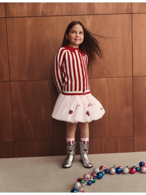 Marks & Spencer Candy Cane Kız Çocuk Hırkası Kırmızı Örme Kalın Düğmeli Regular Fit