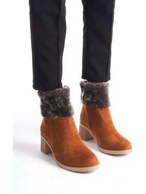Aesco Katya Fermuarlı Ortopedik Taban Topuklu Kürk Detaylı Süet Kadın Bot  Stt - Taba