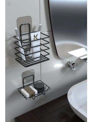 Feyza Design Şık Siyah Paslanmaz Metal Banyo Duvar Organizeri, Yapışkanlı Diş Fırçalık ve Sabunluk Seti