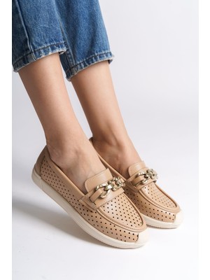 Aesco Layla Bağcıksız Ortopedik Rahat Taban Kalp Desenli Kadın Babet Ayakkabı Ckt - Ten