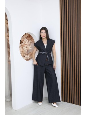 Moda Banuş Saten Kemerli Likralı Kot Yelek Pantolon Takımı