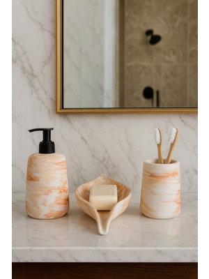 Feyza Design Şık Mermer Desenli 3 Parça Banyo Seti, Sabunluk ve Diş Fırçalık
