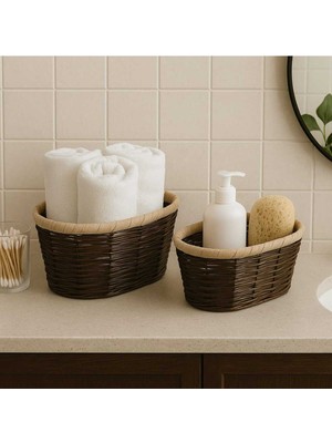 Feyza Design Şık Hasır Görünümlü Dikdörtgen Banyo ve Düzenleme Sepeti Seti (2'li)