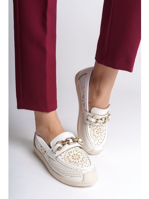 Aesco Layla Bağcıksız Ortopedik Rahat Taban Çiçek Desenli Kadın Babet Ayakkabı  Ckt - Beyaz