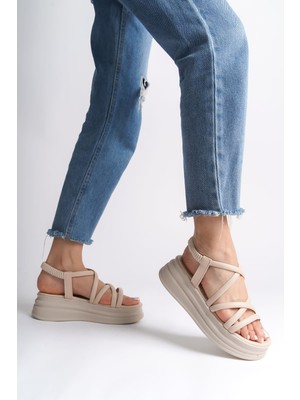 Aesco Bella Lastikli Şerit Detaylı Ortopedik Taban Kadın Sandalet Ckt - Krem