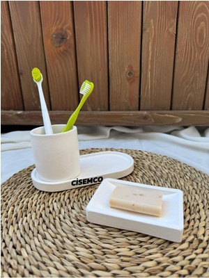 Feyza Design 3 Parça Beton Mermer Desenli Beyaz Banyo Seti, Sabunluk, Diş Fırçalık ve Sunumluk