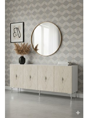 Yumedi Design KA1812BTS - Ayshe Konsol ,tv Sehpası , Çok Amaçlı Dolap, Kahve Köşesi 180 cm Beyaz-Traverten-Silver