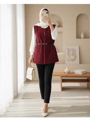 Modamorfo Beli Kemerli Çift Cepli Astarlı Peluş Yelek -Bordo