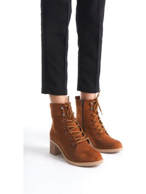 Aesco Lena Bağcıklı Fermuarlı Ortopedik Taban Topuklu Süet Kadın Bot Stt - Taba