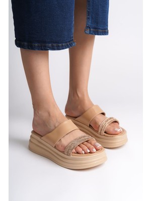 Aesco Sarah Düz Topuklu Taşlı Şeritli Kalın ve Ortopedik Taban Kadın Terlik Ctt - Ten