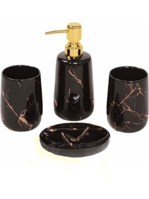 Feyza Design 4'lü Seramik Banyo Seti, Altın Yaldızlı Mermer Desenli, Şık ve Dayanıklı
