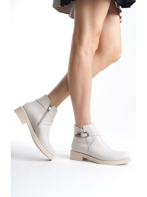 Aesco Almıla Fermuarlı Lastikli Ortopedik Taban Topuklu Kadın Bot  Ckt - Krem