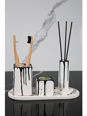 Feyza Design Şık 4 Parça Beton Banyo Seti, Diş Fırçalık, Mumluk, Tütsülük ve Tepsi