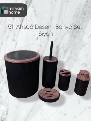 Feyza Design 5’li Ahşap Desenli Siyah Banyo Seti, Modern ve Şık Tasarım