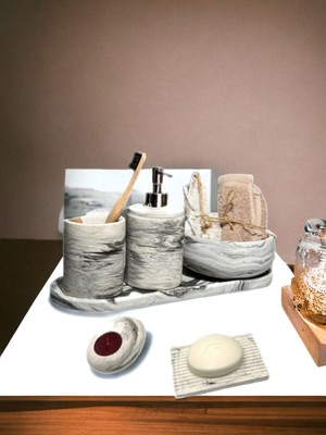 Feyza Design Mermer Görünümlü 6'lı Beton Banyo Seti, Sabunluk, Diş Fırçalığı, Tepsi, Mumluk