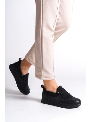 Aesco Vıolet Bağcıklı Lastikli Ortopedik Rahat Taban Taş Detaylı Klasik Kadın Babet Anne Ayakkabısı  Cst - Siyah