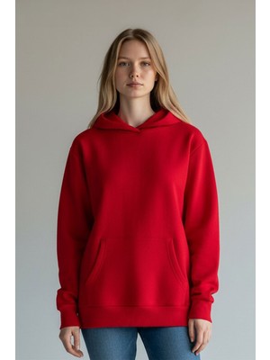 Evavi Kadın Baskısız Kapüşonlu Kanguru Cepli Kırmızı Sweatshirt