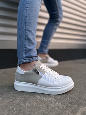 Aesco JY155 Warrior Bağcıklı ve Fermuarlı Cilt Süet Erkek Günlük Sneaker Ayakkabı Csbt - Beyaz/gri