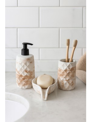 Feyza Design 3 Parça Mermer Desenli Elmas Model Banyo Seti, Sabunluk ve Diş Fırçalık