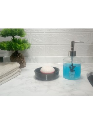 Feyza Design Kaktüs Desenli Cam Sıvı Sabunluk ve Siyah Taşlı Akrilik Sabunluk Seti