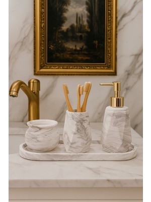 Feyza Design Mermer Desenli 4’lü Banyo Wc Seti Sıvı Sabunluk Diş Fırçalık Dekoratif