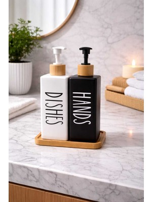 Feyza Design Bambu ve Seramik Malzemeli Şık Sıvı Sabunluk Seti, Modern Mutfak ve Banyo Tasarımı