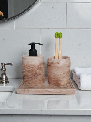 Feyza Design 3'lü Koyu Bej Mermer Desenli Banyo Aksesuar Seti