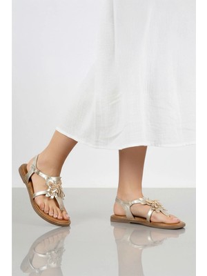 Deriderim Altın  Süet Çiçekli Parmak Arası Tabanı Kahve  Deri Bilekten Bağlama Kadın Sandalet