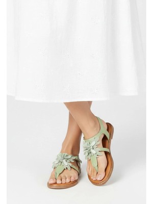 Deriderim Yeşil Çiçekli Parmak Arası Deri Kadın Sandalet