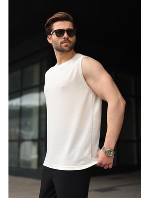 Madmext Ekru Bisiklet Yaka Jakarlı Kolsuz Erkek Tişört E7180