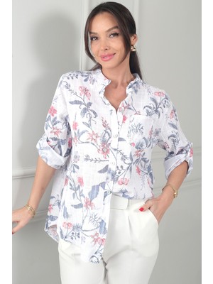 By Saygı Kadın Tek Cepli Desenli Ithal Keten Gömlek